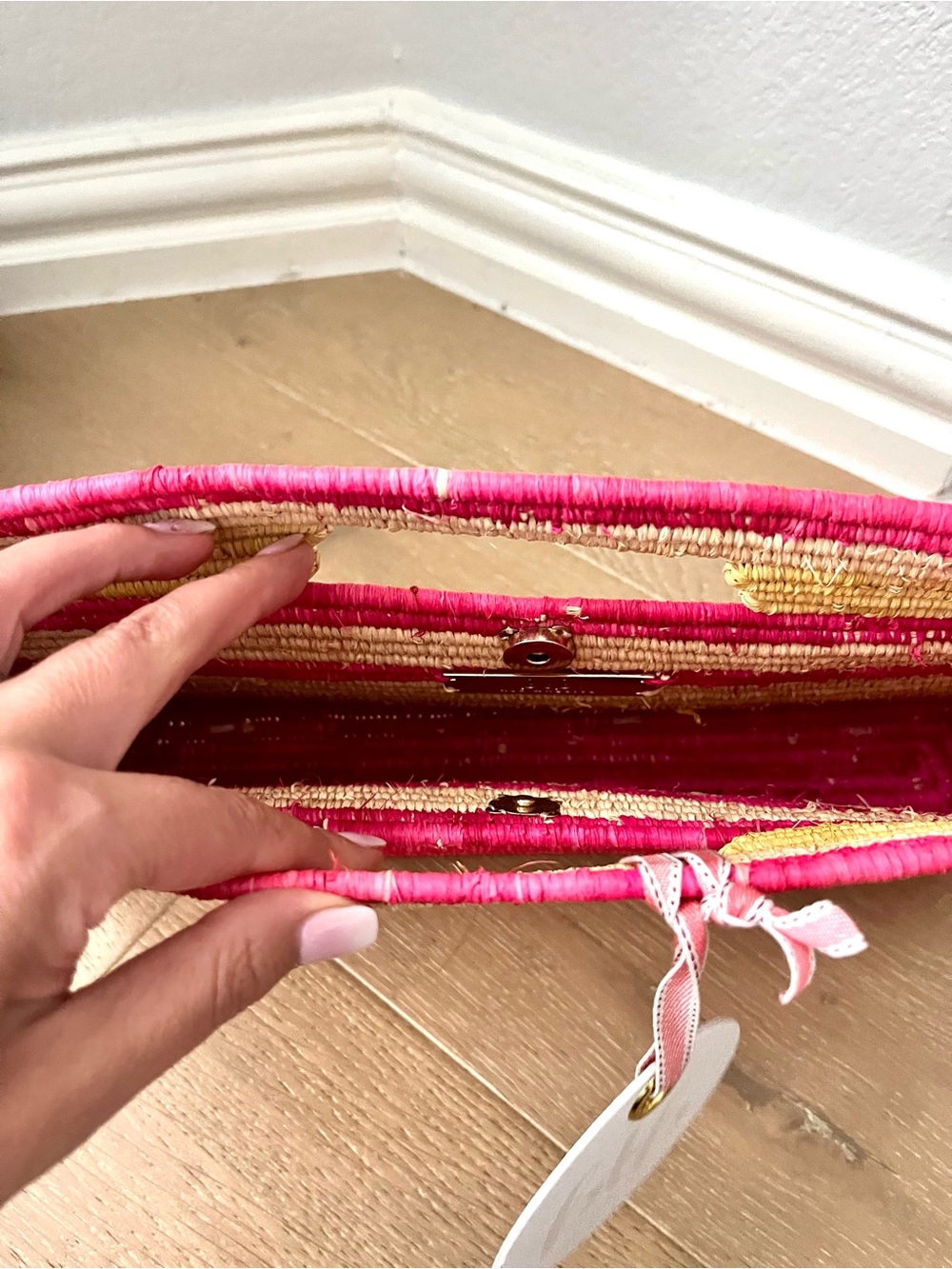 BTB Los Angeles Straw Clutch with Hot Pink Stripes - Picture 2 of 4